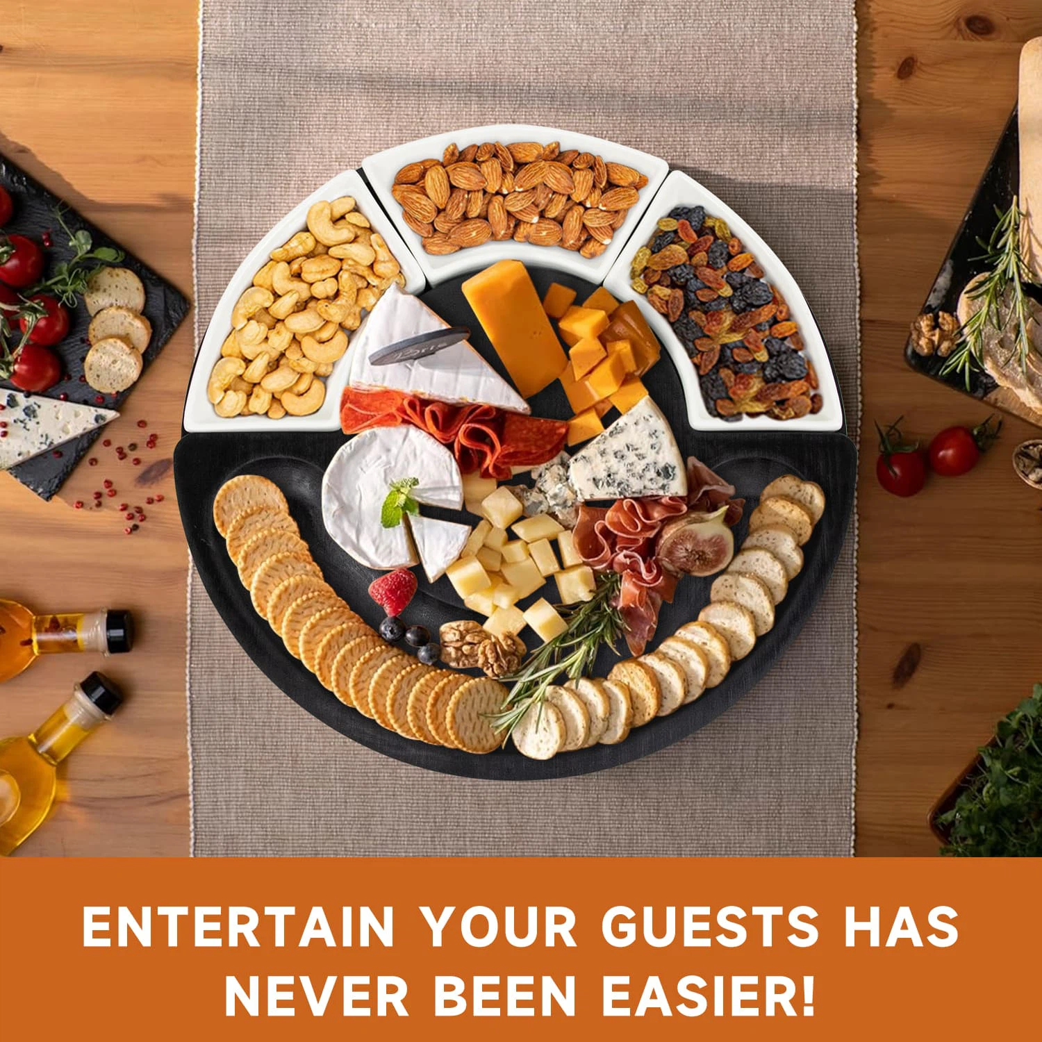 180° rotating bamboo cheese platter scene 180° rotating bamboo cheese platter scene